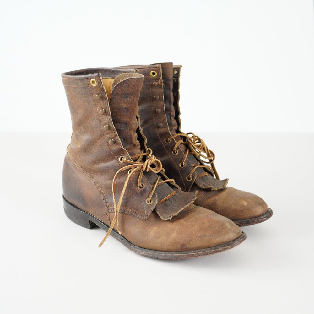 Justin Boots Bay Apache Lace Up Ropers Western Brown Men Size 9.5 D USA Made 545